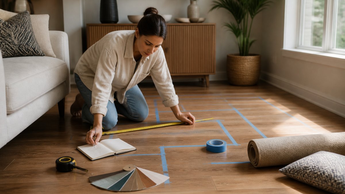 Person measuring a room and using painter's tape to plan furniture layout in awkward spaces