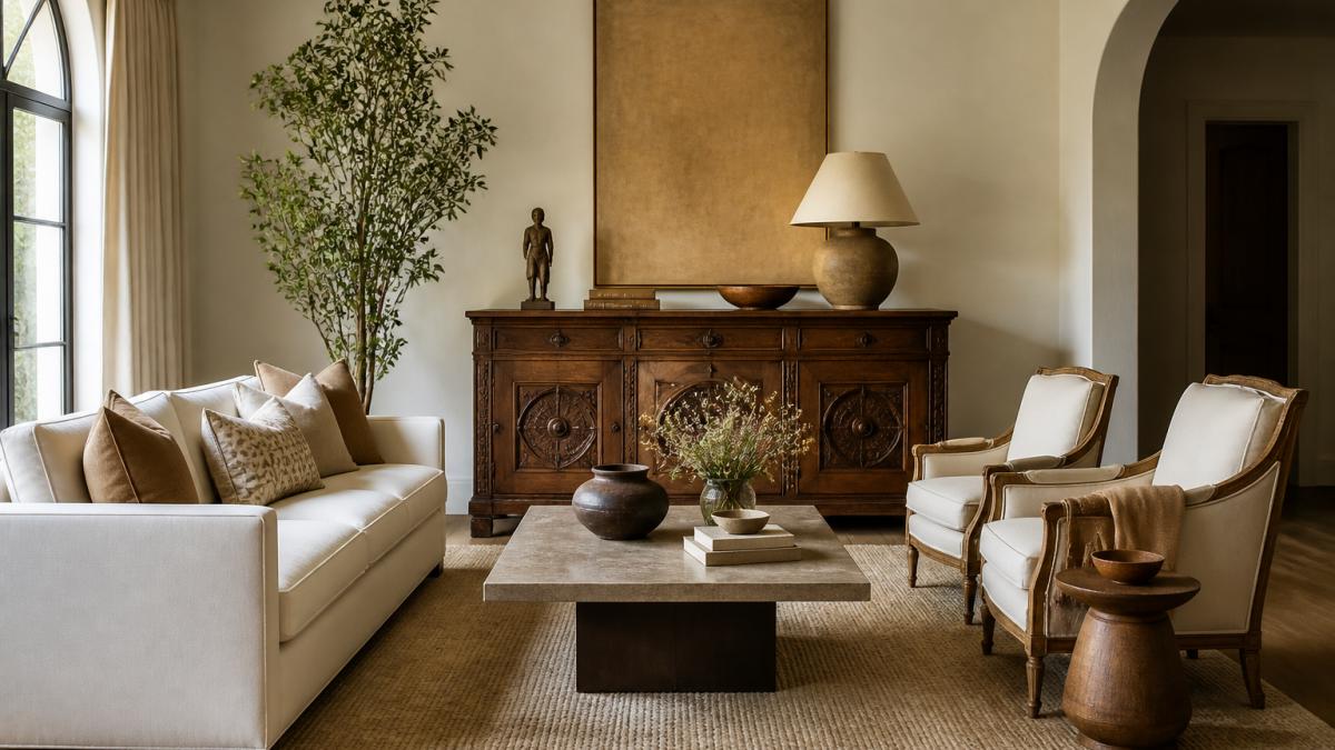 A bright living room where a sleek modern sofa sits opposite an antique wood console, with a shared cream and camel palette, a layered wool rug, and a single sculptural table lamp tying the two styles together